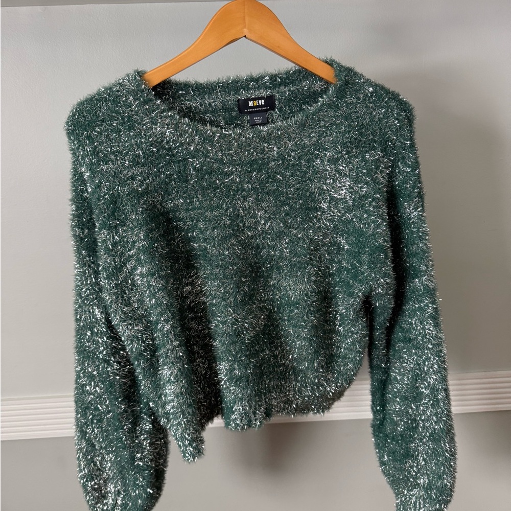 Anthropologie Teal Fuzzy Crew Neck Sweater